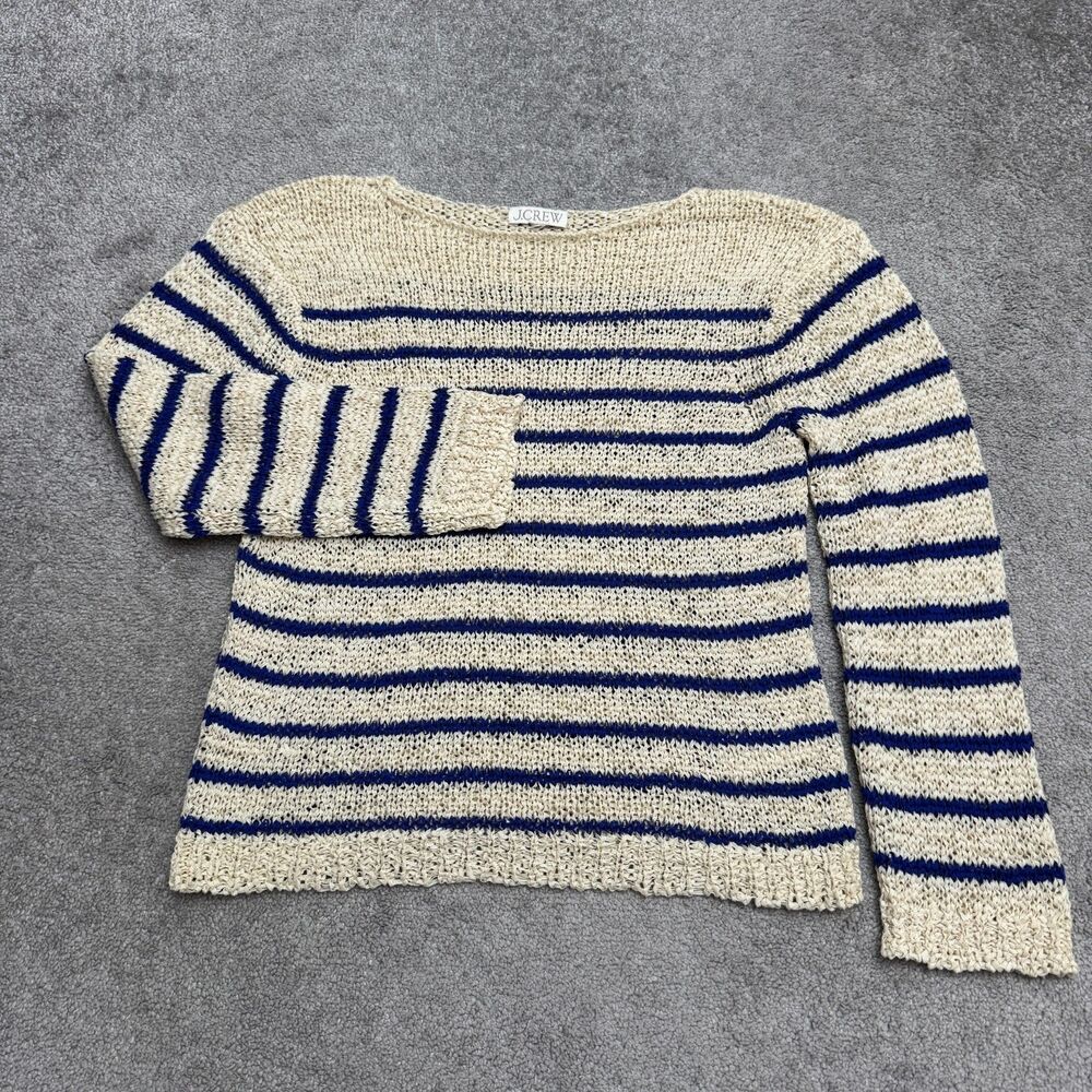 J.Crew Montauk Stripe Pullover Sweater Womens Small Natural Royal Blue Open Knit